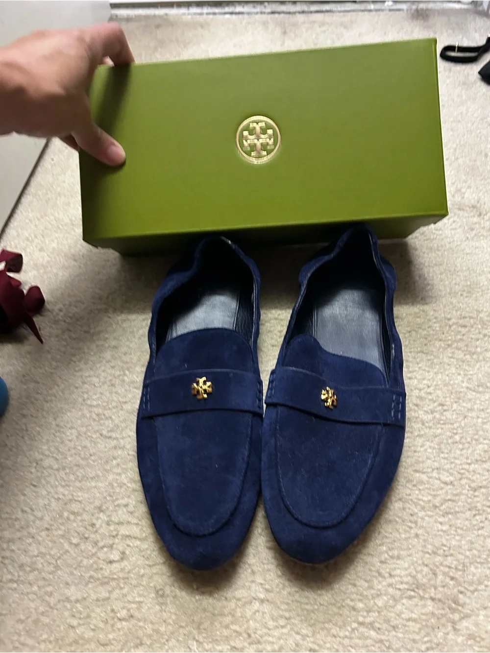 TORY BURCH suede logo loafers.